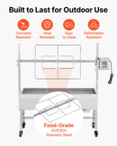 VEVOR rotējošais grils (spits), 38 W āra BBQ cūkas un jēra cepšanai, ogļu spits ar 60 kg kravnesību, ar riteņiem un 7 līmeņu augstuma regulēšanu, nerūsējošā tērauda elektriskais rotējošā grila komplekts kempingam un āra pasākumiem