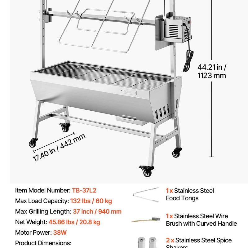VEVOR rotējošais grils (spits), 38 W āra BBQ cūkas un jēra cepšanai, ogļu spits ar 60 kg kravnesību, ar riteņiem un 7 līmeņu augstuma regulēšanu, nerūsējošā tērauda elektriskais rotējošā grila komplekts kempingam un āra pasākumiem