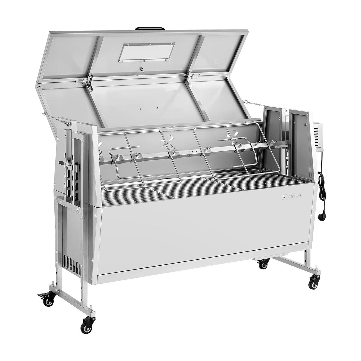 VEVOR rotējošais grils (spits), 38 W āra BBQ cūkas un jēra cepšanai, ogļu spits ar 60 kg kravnesību, ar riteņiem un 4 līmeņu augstuma regulēšanu, nerūsējošā tērauda elektriskais rotējošā grila komplekts kempingam un āra pasākumiem