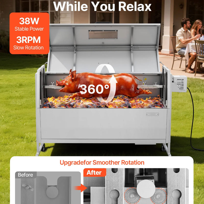 VEVOR rotējošais grils (spits), 38 W āra BBQ cūkas un jēra cepšanai, ogļu spits ar 60 kg kravnesību, ar riteņiem un 4 līmeņu augstuma regulēšanu, nerūsējošā tērauda elektriskais rotējošā grila komplekts kempingam un āra pasākumiem