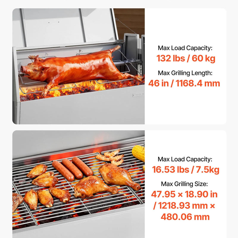 VEVOR rotējošais grils (spits), 38 W āra BBQ cūkas un jēra cepšanai, ogļu spits ar 60 kg kravnesību, ar riteņiem un 4 līmeņu augstuma regulēšanu, nerūsējošā tērauda elektriskais rotējošā grila komplekts kempingam un āra pasākumiem
