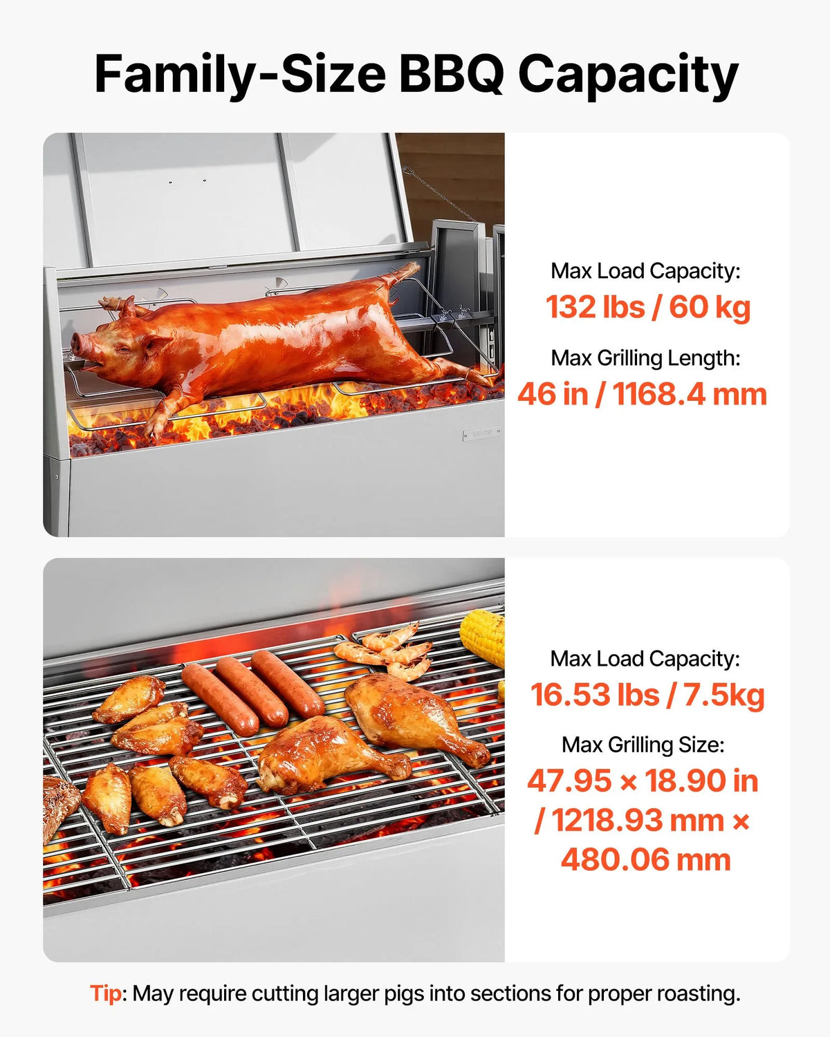 VEVOR rotējošais grils (spits), 38 W āra BBQ cūkas un jēra cepšanai, ogļu spits ar 60 kg kravnesību, ar riteņiem un 4 līmeņu augstuma regulēšanu, nerūsējošā tērauda elektriskais rotējošā grila komplekts kempingam un āra pasākumiem