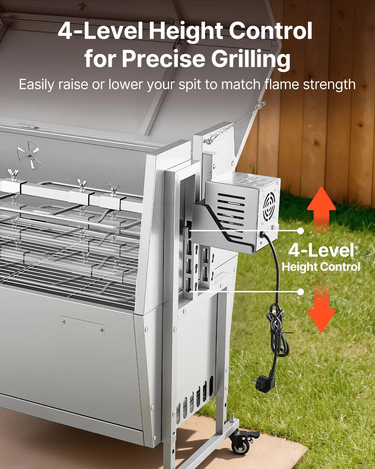 VEVOR rotējošais grils (spits), 38 W āra BBQ cūkas un jēra cepšanai, ogļu spits ar 60 kg kravnesību, ar riteņiem un 4 līmeņu augstuma regulēšanu, nerūsējošā tērauda elektriskais rotējošā grila komplekts kempingam un āra pasākumiem