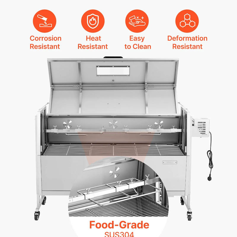 VEVOR rotējošais grils (spits), 38 W āra BBQ cūkas un jēra cepšanai, ogļu spits ar 60 kg kravnesību, ar riteņiem un 4 līmeņu augstuma regulēšanu, nerūsējošā tērauda elektriskais rotējošā grila komplekts kempingam un āra pasākumiem