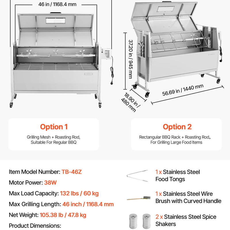 VEVOR rotējošais grils (spits), 38 W āra BBQ cūkas un jēra cepšanai, ogļu spits ar 60 kg kravnesību, ar riteņiem un 4 līmeņu augstuma regulēšanu, nerūsējošā tērauda elektriskais rotējošā grila komplekts kempingam un āra pasākumiem