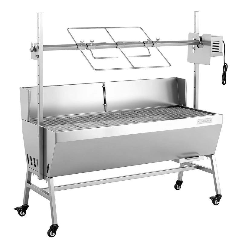 VEVOR rotējošais grils (spits), 38 W āra BBQ cūkas un jēra cepšanai, ogļu spits ar 60 kg kravnesību, ar riteņiem un 4 līmeņu augstuma regulēšanu, nerūsējošā tērauda elektriskais rotējošā grila komplekts kempingam un āra pasākumiem