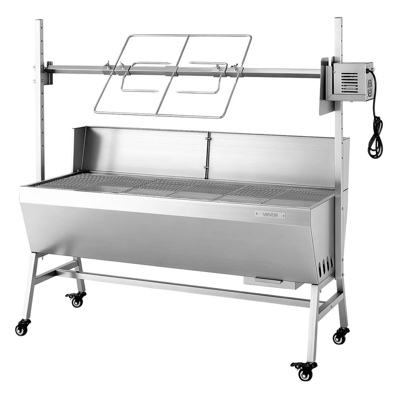 VEVOR rotējošais grils (spits), 38 W āra BBQ cūkas un jēra cepšanai, ogļu spits ar 60 kg kravnesību, ar riteņiem un 4 līmeņu augstuma regulēšanu, nerūsējošā tērauda elektriskais rotējošā grila komplekts kempingam un āra pasākumiem