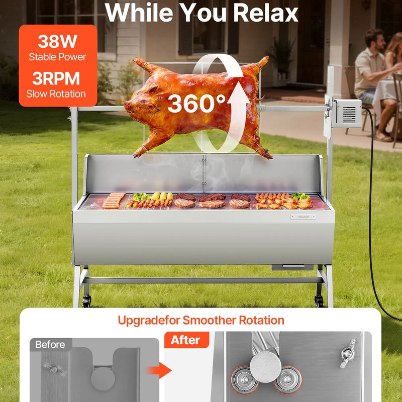 VEVOR rotējošais grils (spits), 38 W āra BBQ cūkas un jēra cepšanai, ogļu spits ar 60 kg kravnesību, ar riteņiem un 4 līmeņu augstuma regulēšanu, nerūsējošā tērauda elektriskais rotējošā grila komplekts kempingam un āra pasākumiem