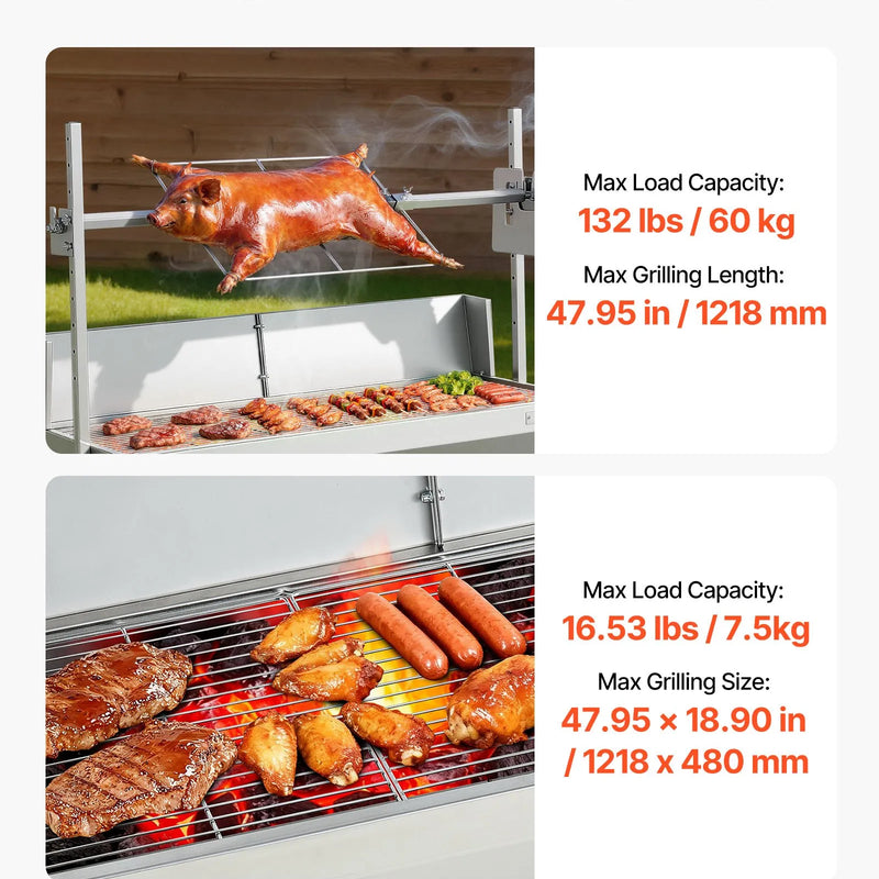 VEVOR rotējošais grils (spits), 38 W āra BBQ cūkas un jēra cepšanai, ogļu spits ar 60 kg kravnesību, ar riteņiem un 4 līmeņu augstuma regulēšanu, nerūsējošā tērauda elektriskais rotējošā grila komplekts kempingam un āra pasākumiem