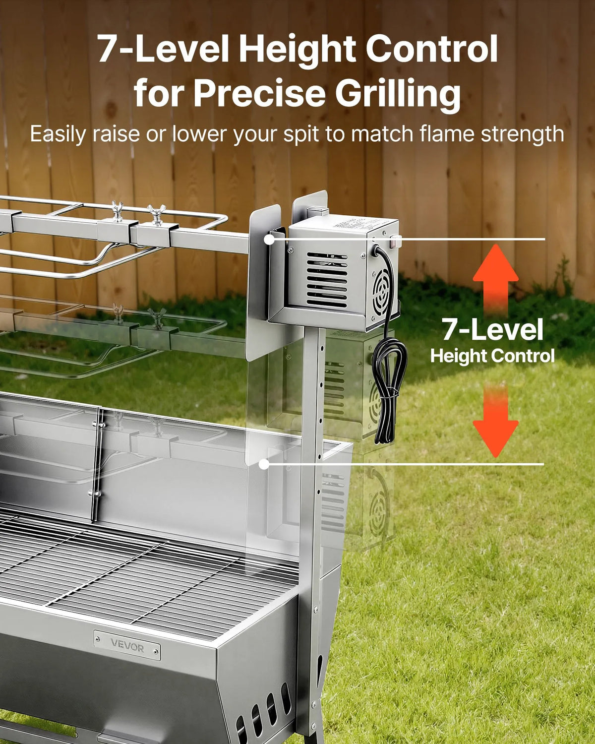 VEVOR rotējošais grils (spits), 38 W āra BBQ cūkas un jēra cepšanai, ogļu spits ar 60 kg kravnesību, ar riteņiem un 4 līmeņu augstuma regulēšanu, nerūsējošā tērauda elektriskais rotējošā grila komplekts kempingam un āra pasākumiem