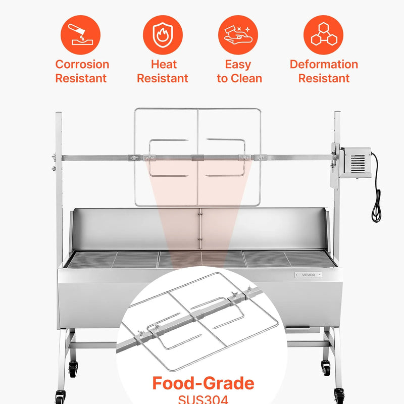 VEVOR rotējošais grils (spits), 38 W āra BBQ cūkas un jēra cepšanai, ogļu spits ar 60 kg kravnesību, ar riteņiem un 4 līmeņu augstuma regulēšanu, nerūsējošā tērauda elektriskais rotējošā grila komplekts kempingam un āra pasākumiem