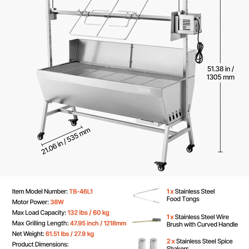 VEVOR rotējošais grils (spits), 38 W āra BBQ cūkas un jēra cepšanai, ogļu spits ar 60 kg kravnesību, ar riteņiem un 4 līmeņu augstuma regulēšanu, nerūsējošā tērauda elektriskais rotējošā grila komplekts kempingam un āra pasākumiem