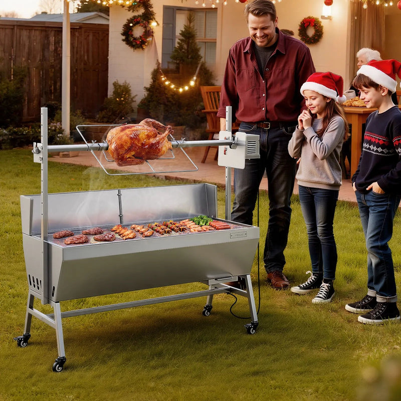 VEVOR rotējošais grils (spits), 38 W āra BBQ cūkas un jēra cepšanai, ogļu spits ar 60 kg kravnesību, ar riteņiem un 4 līmeņu augstuma regulēšanu, nerūsējošā tērauda elektriskais rotējošā grila komplekts kempingam un āra pasākumiem