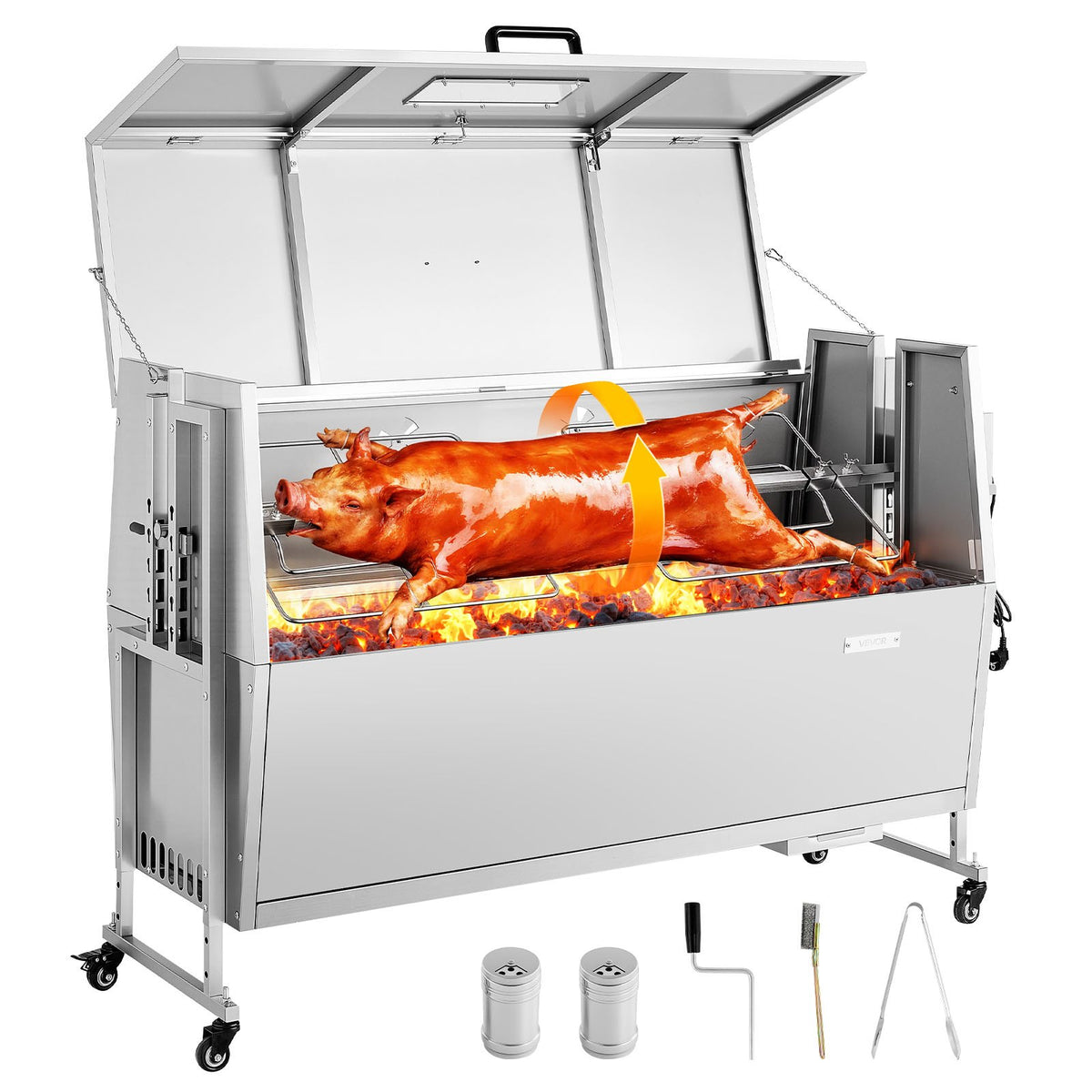 VEVOR rotējošais grils (spits), 38 W āra BBQ cūkas un jēra cepšanai, ogļu spits ar 60 kg celtspēju, ar riteņiem un 4 līmeņu augstuma regulēšanu, nerūsējošā tērauda rotējošā grila komplekts kempingam un āra ballītēm