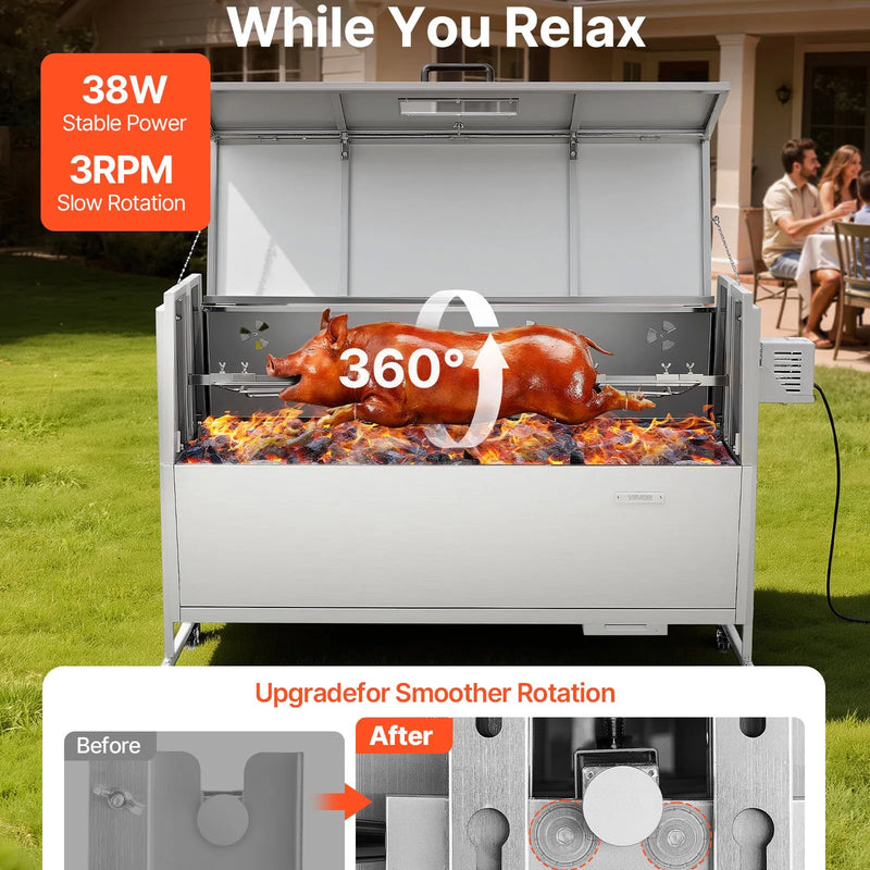 VEVOR rotējošais grils (spits), 38 W āra BBQ cūkas un jēra cepšanai, ogļu spits ar 60 kg celtspēju, ar riteņiem un 4 līmeņu augstuma regulēšanu, nerūsējošā tērauda rotējošā grila komplekts kempingam un āra ballītēm