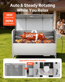 VEVOR rotējošais grils (spits), 38 W āra BBQ cūkas un jēra cepšanai, ogļu spits ar 60 kg celtspēju, ar riteņiem un 4 līmeņu augstuma regulēšanu, nerūsējošā tērauda rotējošā grila komplekts kempingam un āra ballītēm