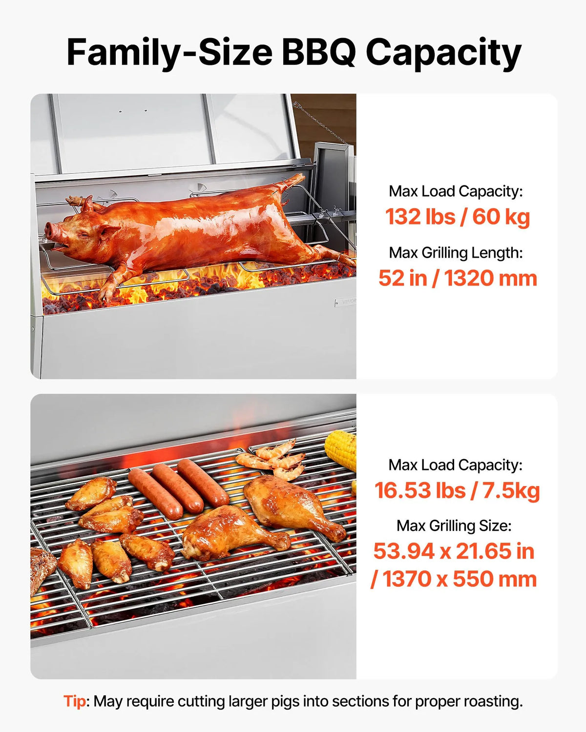 VEVOR rotējošais grils (spits), 38 W āra BBQ cūkas un jēra cepšanai, ogļu spits ar 60 kg celtspēju, ar riteņiem un 4 līmeņu augstuma regulēšanu, nerūsējošā tērauda rotējošā grila komplekts kempingam un āra ballītēm