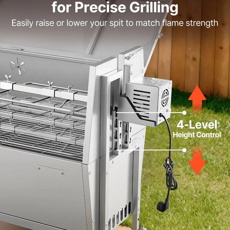 VEVOR rotējošais grils (spits), 38 W āra BBQ cūkas un jēra cepšanai, ogļu spits ar 60 kg celtspēju, ar riteņiem un 4 līmeņu augstuma regulēšanu, nerūsējošā tērauda rotējošā grila komplekts kempingam un āra ballītēm