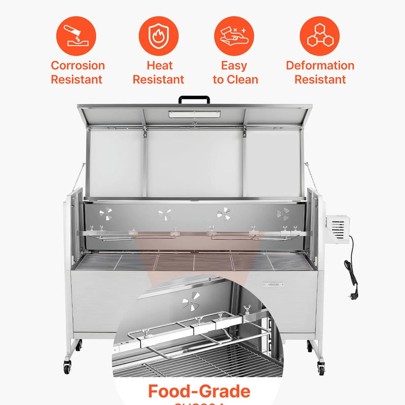 VEVOR rotējošais grils (spits), 38 W āra BBQ cūkas un jēra cepšanai, ogļu spits ar 60 kg celtspēju, ar riteņiem un 4 līmeņu augstuma regulēšanu, nerūsējošā tērauda rotējošā grila komplekts kempingam un āra ballītēm