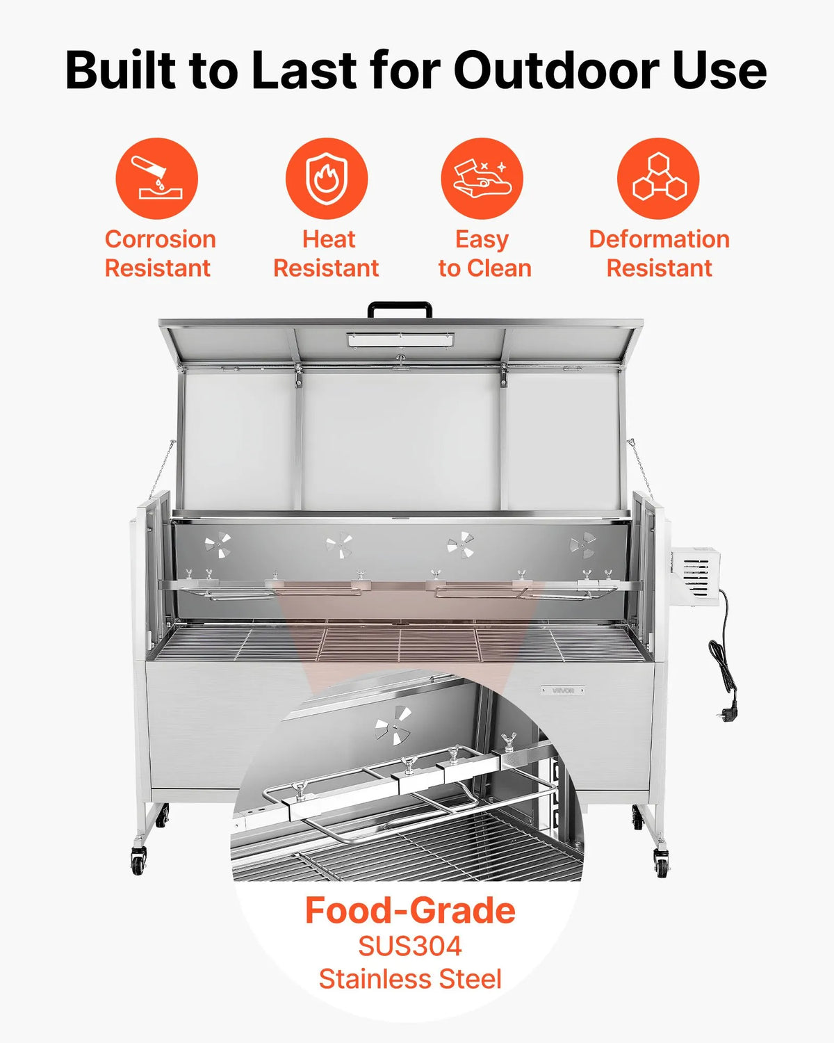 VEVOR rotējošais grils (spits), 38 W āra BBQ cūkas un jēra cepšanai, ogļu spits ar 60 kg celtspēju, ar riteņiem un 4 līmeņu augstuma regulēšanu, nerūsējošā tērauda rotējošā grila komplekts kempingam un āra ballītēm