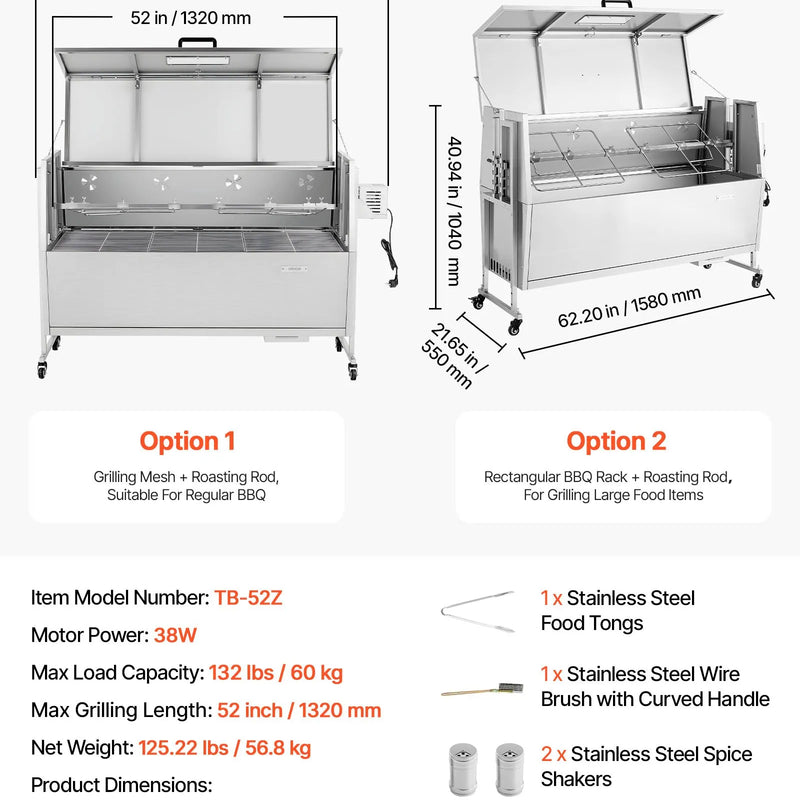VEVOR rotējošais grils (spits), 38 W āra BBQ cūkas un jēra cepšanai, ogļu spits ar 60 kg celtspēju, ar riteņiem un 4 līmeņu augstuma regulēšanu, nerūsējošā tērauda rotējošā grila komplekts kempingam un āra ballītēm