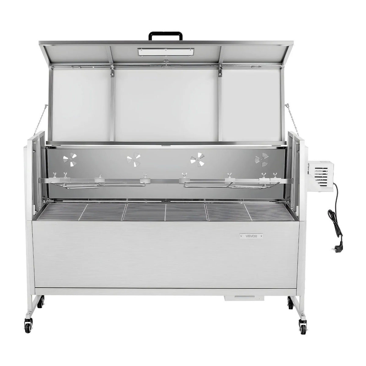 VEVOR rotējošais grils (spits), 38 W āra BBQ cūkas un jēra cepšanai, ogļu spits ar 60 kg celtspēju, ar riteņiem un 4 līmeņu augstuma regulēšanu, nerūsējošā tērauda rotējošā grila komplekts kempingam un āra ballītēm