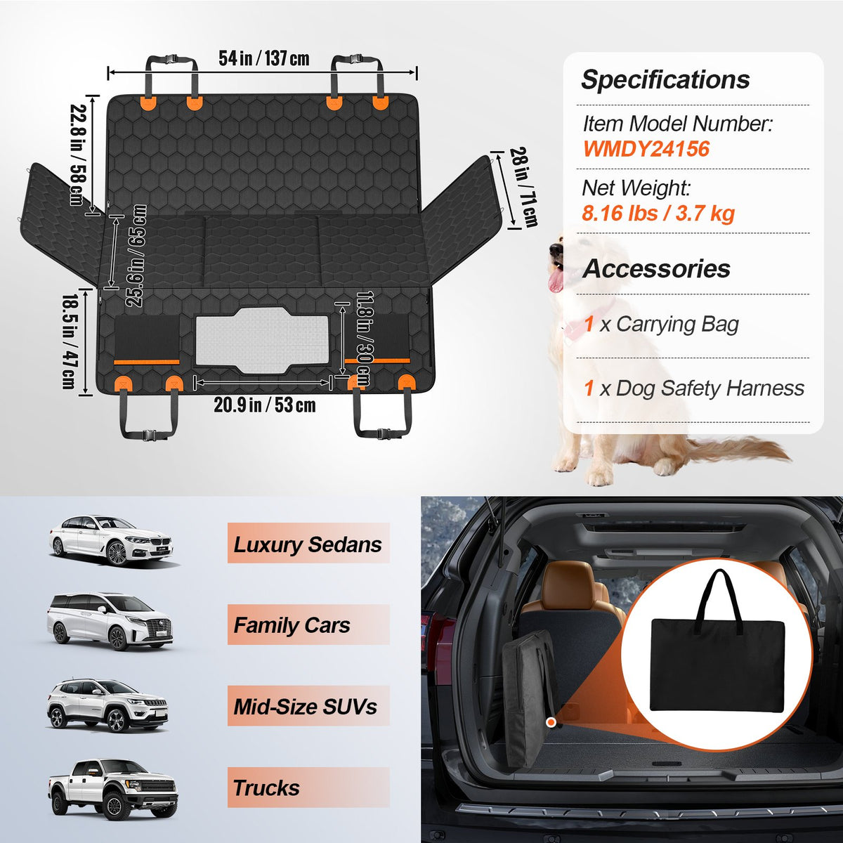 VEVOR Waterproof Dog Rear Seat Cover for Car, 600D, 137 × 65 cm