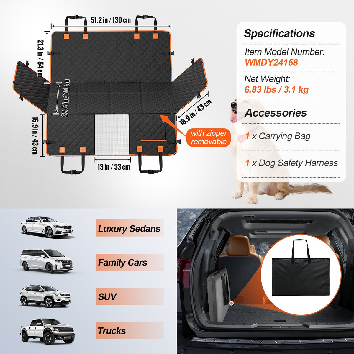 VEVOR Waterproof Dog Seat Cover for SUV, 600D, 130 × 70 cm