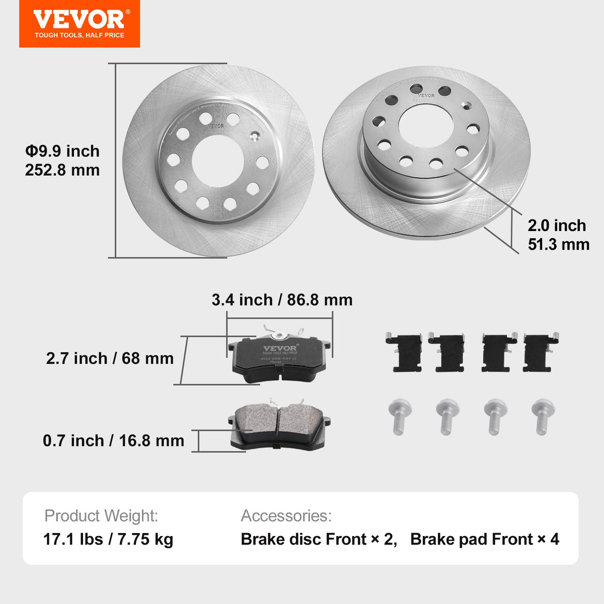 VEVOR Rear Brake Kit, Brake Discs and Brake Pads Audi A3 (8P) Replacement Set