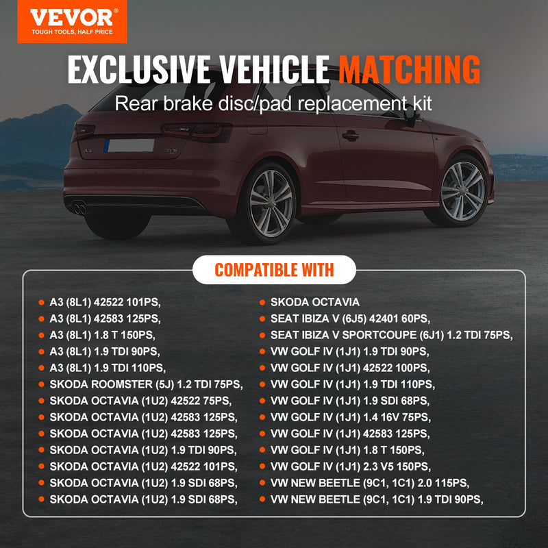 Aizmugurējo bremžu komplekts Audi A3 (8L) – diski un uzlikas | VEVOR