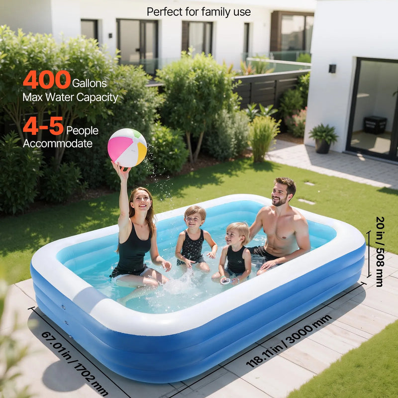 Uzpūšamais baseins 3000 × 1702 × 508 mm, liels ģimenes baseins ar remonta ielāpiem, piemērots bērniem un pieaugušajiem, lietošanai iekštelpās un ārā