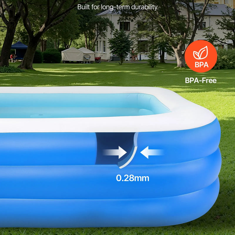 Uzpūšamais baseins 3000 × 1702 × 508 mm, liels ģimenes baseins ar remonta ielāpiem, piemērots bērniem un pieaugušajiem, lietošanai iekštelpās un ārā