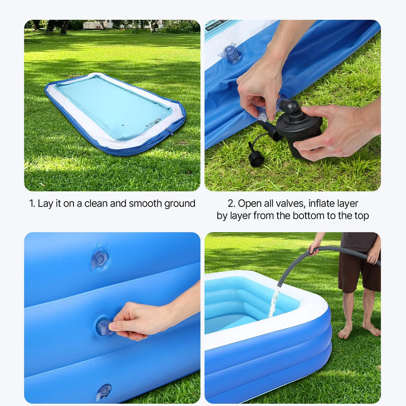 Uzpūšamais baseins 3000 × 1702 × 508 mm, liels ģimenes baseins ar remonta ielāpiem, piemērots bērniem un pieaugušajiem, lietošanai iekštelpās un ārā