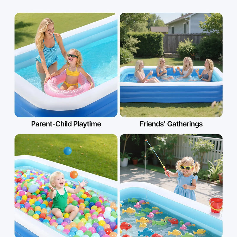 Uzpūšamais baseins 3000 × 1702 × 508 mm, liels ģimenes baseins ar remonta ielāpiem, piemērots bērniem un pieaugušajiem, lietošanai iekštelpās un ārā