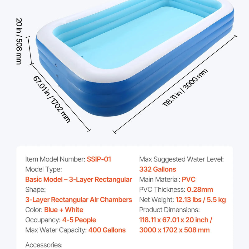 Uzpūšamais baseins 3000 × 1702 × 508 mm, liels ģimenes baseins ar remonta ielāpiem, piemērots bērniem un pieaugušajiem, lietošanai iekštelpās un ārā