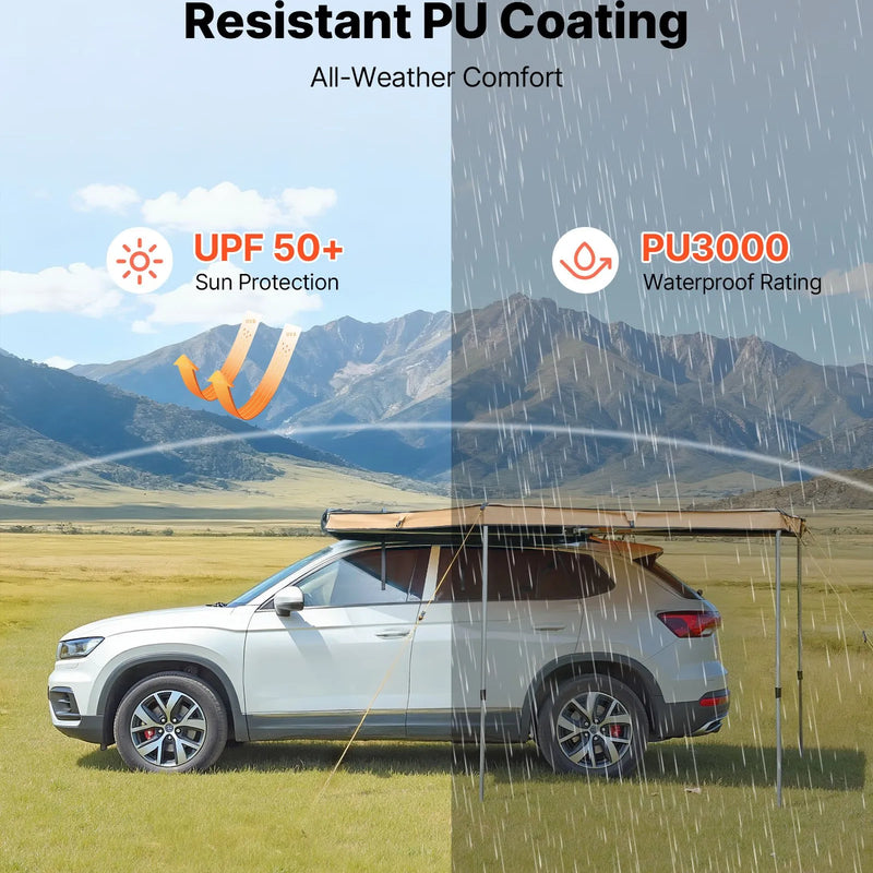 VEVOR 270° auto sānu nojume, 4,9 m², vadītāja puses nojume transportlīdzeklim, ūdensizturīga ar UV50+ aizsardzību, brīvi stāvoša visu laikapstākļu nojume SUV, furgoniem un pikapiem, kempingam, ar pārnēsāšanas somu