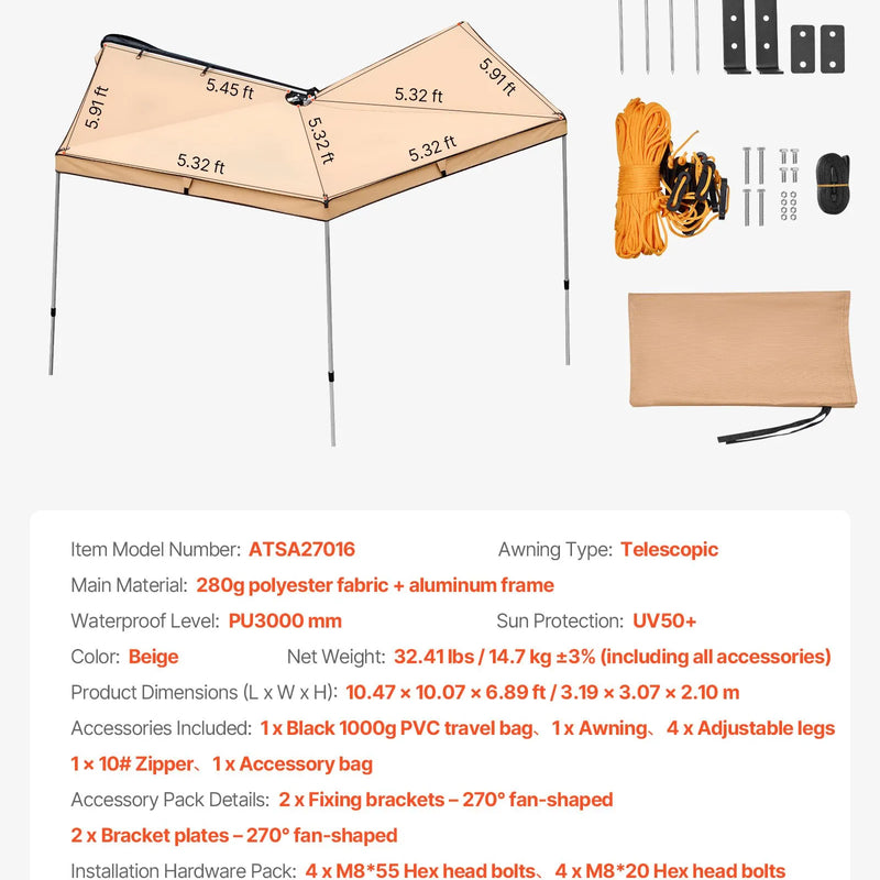 VEVOR 270° auto sānu nojume, 4,9 m², vadītāja puses nojume transportlīdzeklim, ūdensizturīga ar UV50+ aizsardzību, brīvi stāvoša visu laikapstākļu nojume SUV, furgoniem un pikapiem, kempingam, ar pārnēsāšanas somu