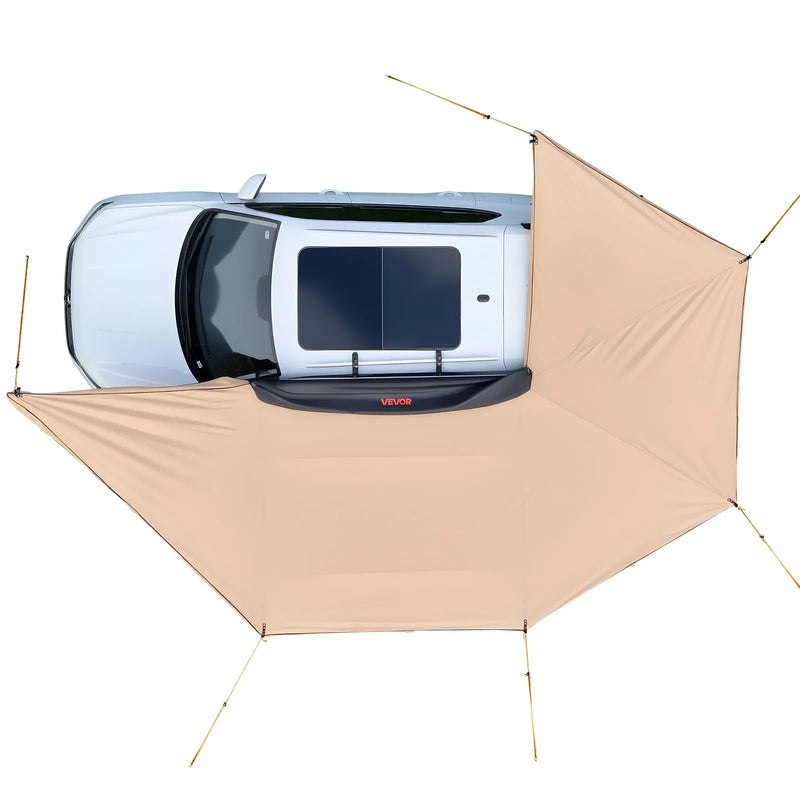 VEVOR 270° nojume ar iebūvētu LED apgaismojumu, 10,9 m² vadītāja puses transportlīdzekļa nojume, ūdensnecaurlaidīga UV50+ automašīnas sānu nojume, visiem laikapstākļiem piemērota brīvi stāvoša overland nojume SUV un pikapu kempingam