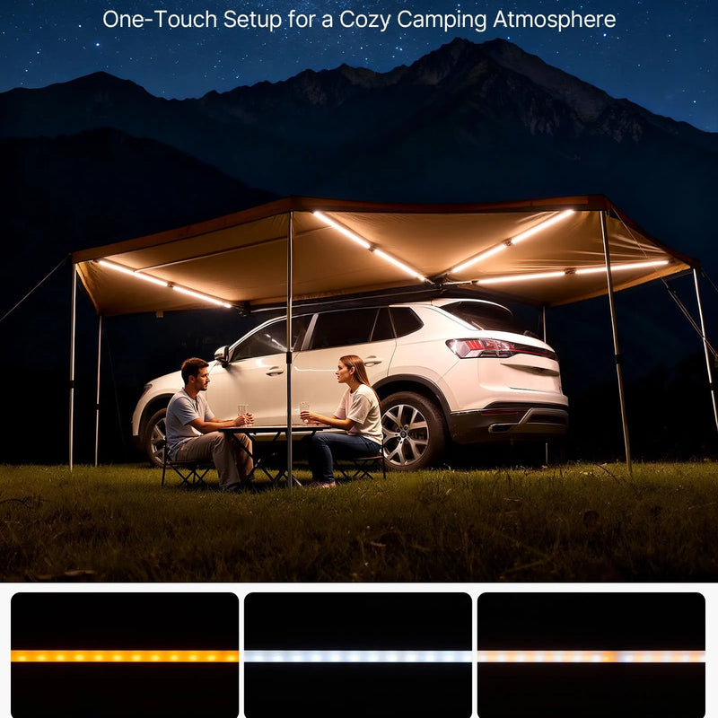 VEVOR 270° nojume ar iebūvētu LED apgaismojumu, 10,9 m² vadītāja puses transportlīdzekļa nojume, ūdensnecaurlaidīga UV50+ automašīnas sānu nojume, visiem laikapstākļiem piemērota brīvi stāvoša overland nojume SUV un pikapu kempingam