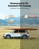 VEVOR 270° nojume ar iebūvētu LED apgaismojumu, 10,9 m² vadītāja puses transportlīdzekļa nojume, ūdensnecaurlaidīga UV50+ automašīnas sānu nojume, visiem laikapstākļiem piemērota brīvi stāvoša overland nojume SUV un pikapu kempingam