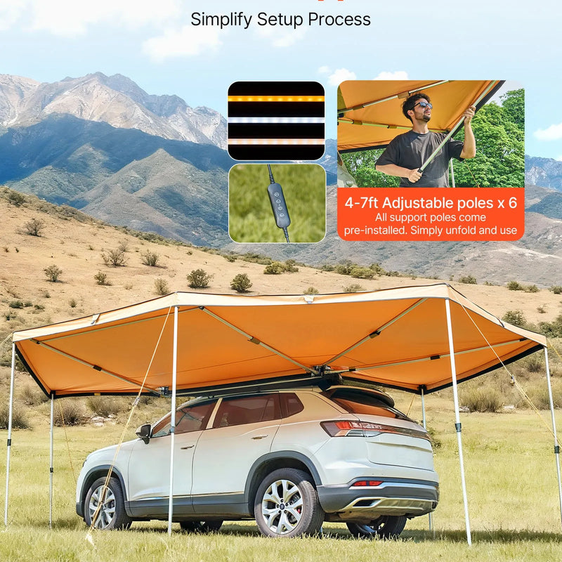 VEVOR 270° nojume ar iebūvētu LED apgaismojumu, 12,4 m² vadītāja puses transportlīdzekļa nojume, ūdensnecaurlaidīga UV50+ automašīnas sānu nojume, visiem laikapstākļiem piemērota brīvi stāvoša overland nojume SUV, pikapiem un kempingam