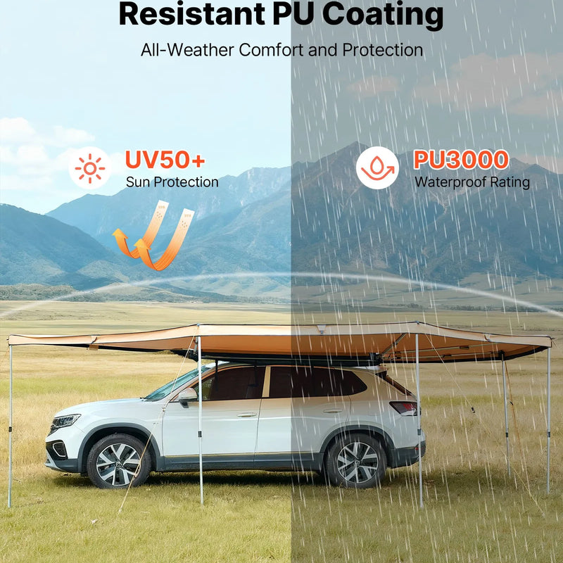 VEVOR 270° nojume ar iebūvētu LED apgaismojumu, 12,4 m² vadītāja puses transportlīdzekļa nojume, ūdensnecaurlaidīga UV50+ automašīnas sānu nojume, visiem laikapstākļiem piemērota brīvi stāvoša overland nojume SUV, pikapiem un kempingam