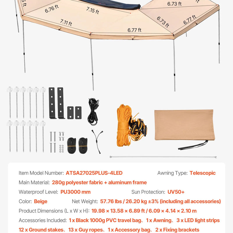VEVOR 270° nojume ar iebūvētu LED apgaismojumu, 12,4 m² vadītāja puses transportlīdzekļa nojume, ūdensnecaurlaidīga UV50+ automašīnas sānu nojume, visiem laikapstākļiem piemērota brīvi stāvoša overland nojume SUV, pikapiem un kempingam