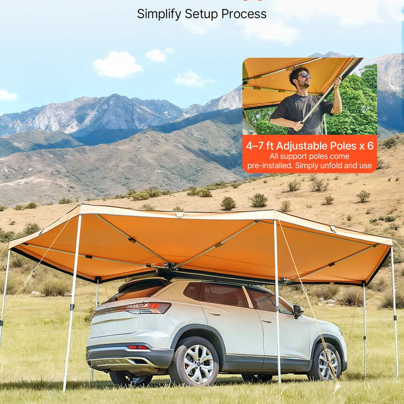 VEVOR 270° auto sānu nojume, 12,4 m², vadītāja puses nojume transportlīdzeklim, ūdensizturīga ar UV50+ aizsardzību, brīvi stāvoša visu laikapstākļu nojume SUV, furgoniem un pikapiem, kempingam, ar pārnēsāšanas somu