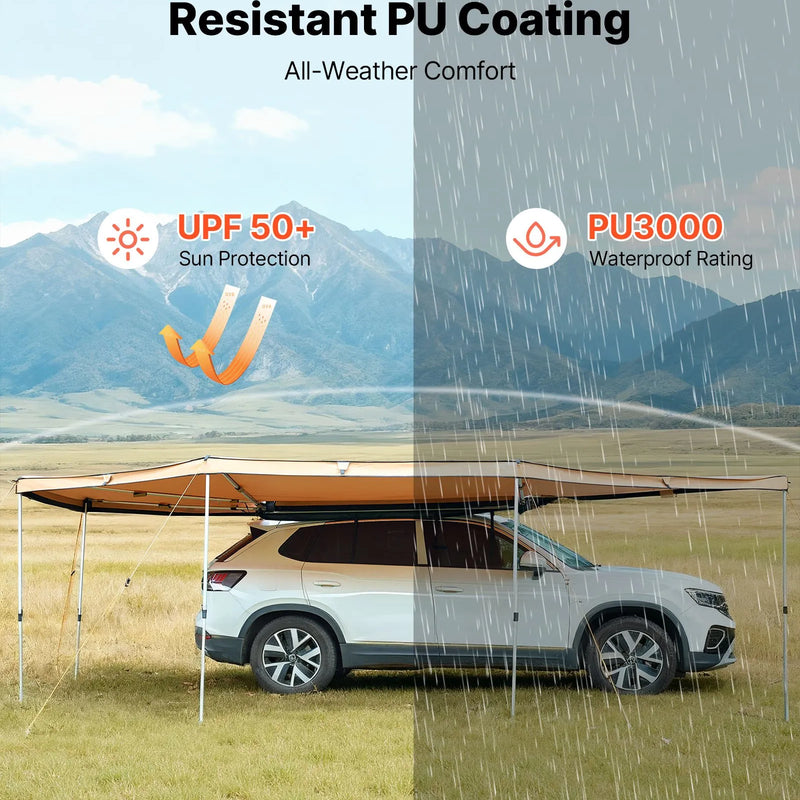 VEVOR 270° auto sānu nojume, 12,4 m², vadītāja puses nojume transportlīdzeklim, ūdensizturīga ar UV50+ aizsardzību, brīvi stāvoša visu laikapstākļu nojume SUV, furgoniem un pikapiem, kempingam, ar pārnēsāšanas somu