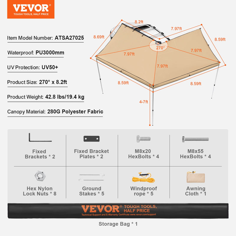 VEVOR 70°automobiļa jumts, 250 cm, PU3000mm, UV50+, ar ūdensizturīgu uzglabāšanas somu