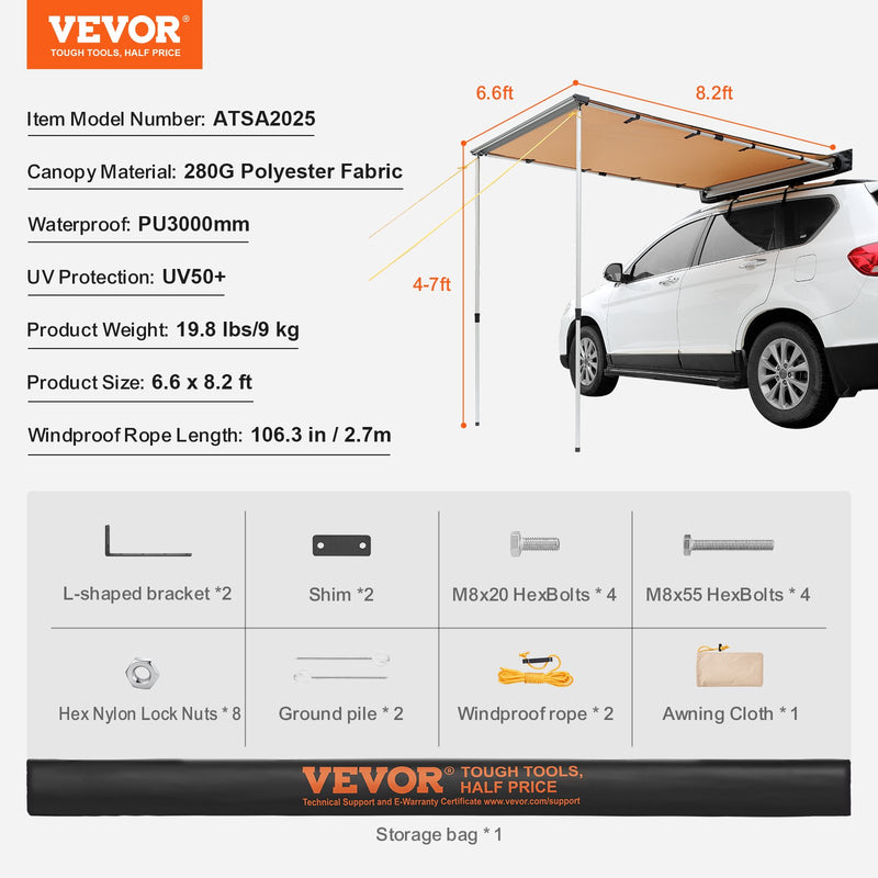 VEVOR automašīnas sānu nojume, liela  2  x 2.5 m saules aizsardzībai, ūdensizturīga