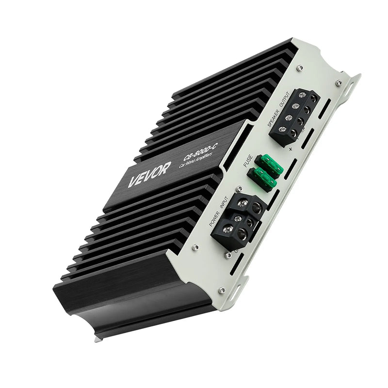 VEVOR monobloka automašīnas pastiprinātājs 800 W RMS, 1 kanāls, D klase, stabils pie 1/2/4 Ω, ar tālvadības subwoofera līmeņa regulatoru, zemo frekvenču filtru, basa pastiprinājumu un fāzes regulēšanu