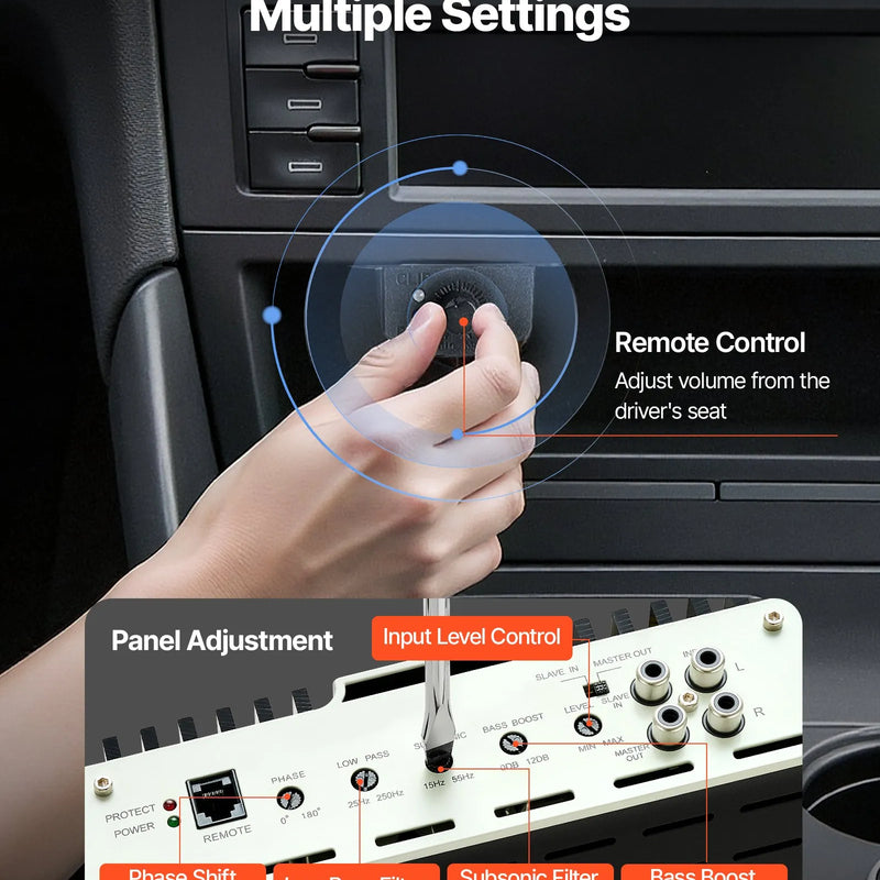 VEVOR monobloka automašīnas pastiprinātājs 800 W RMS, 1 kanāls, D klase, stabils pie 1/2/4 Ω, ar tālvadības subwoofera līmeņa regulatoru, zemo frekvenču filtru, basa pastiprinājumu un fāzes regulēšanu