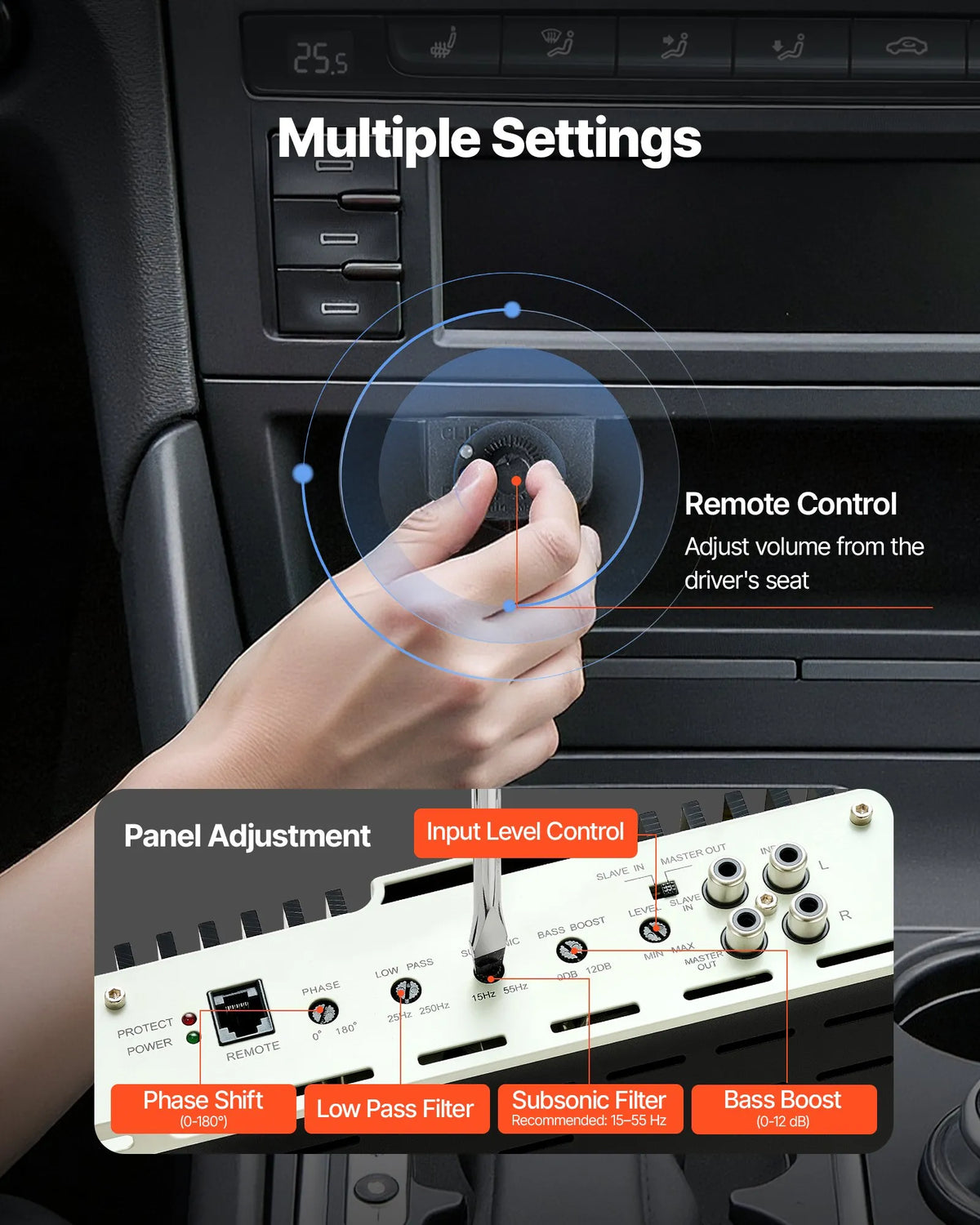 VEVOR Monoblock Car Amplifier 800 W RMS, 1 Channel, Class D, Stable at 1/2/4 Ω, with Remote Subwoofer Level Control, Low-Pass Filter, Bass Boost and Phase Adjustment